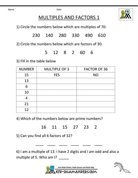 Factors And Multiples Worksheet Grade