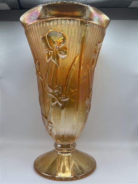 Vintage Carnival Glass Vase Jeanette Iris And Herringbone Marigold Urn 9” Tall Ebay