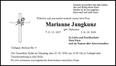 Marianne Jungkunz Traueranzeige Trauer Infranken De