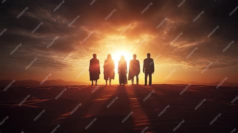 Premium Ai Image Friends Stand On Sand Dune And Admire Sunrise