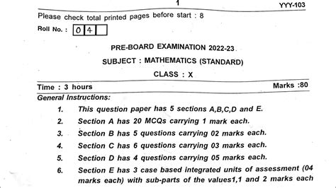 Class Pre Board Maths Standard Question Paper For Kendriya