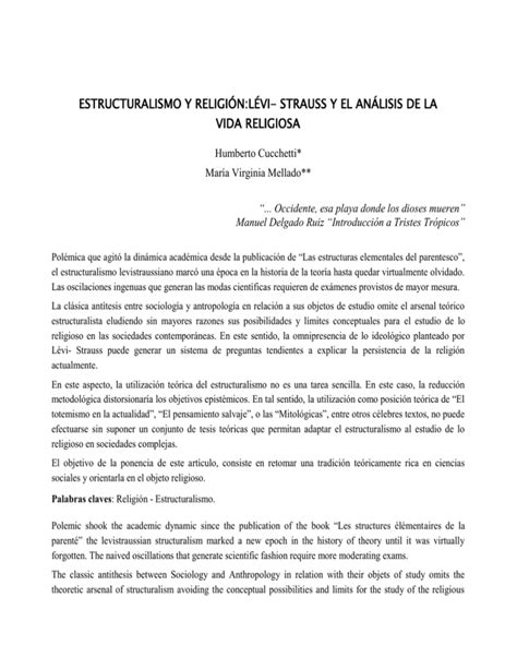 Estructuralismo Y Religi N L Vi Strauss Y El An Lisis De La Vida Religiosa