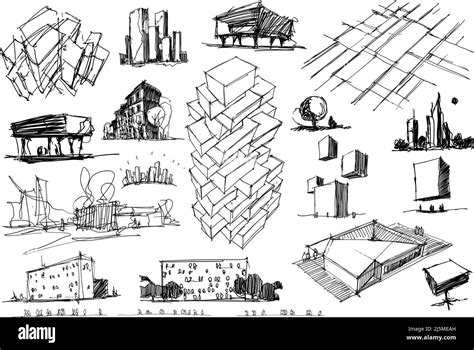 many hand drawn architectectural sketches of a modern abstract ...