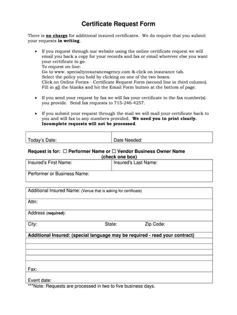 Fillable Online Certificate Request Form Specialty Insurance Agency