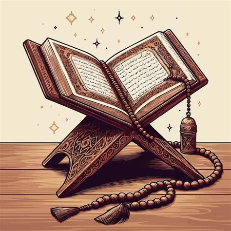 Free Vector An Open Quran On A Wooden Stand With A String Of Prayer