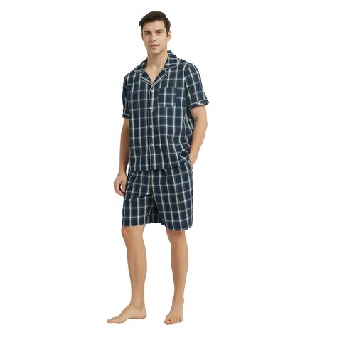 Vulcanodon Mens Cotton Pajama Set Plaid Lounge Bottoms Button Down Sleepwear Dark Blue