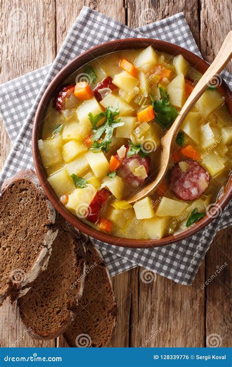 Delicious German Potato Vegetable Soup With Sausages In A Bowl C Stock