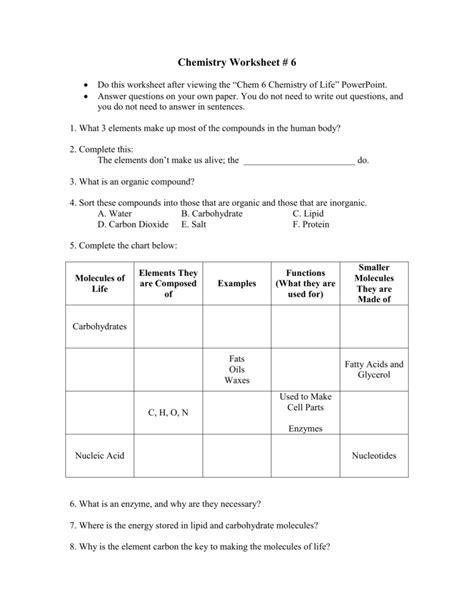 The Chemistry Of Life Worksheet