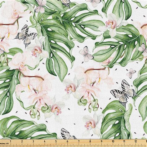 Ambesonne Tropical Fabric By The Yard Palm Orchid Butterfly Art 1