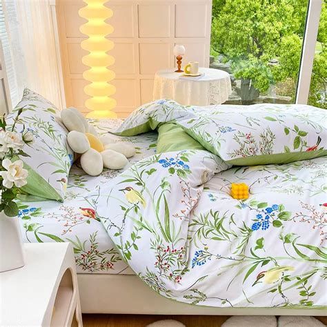 Luofanfei Bettwäsche Set 155x220 Weiß Grün Blätter Pflanzen Blumen