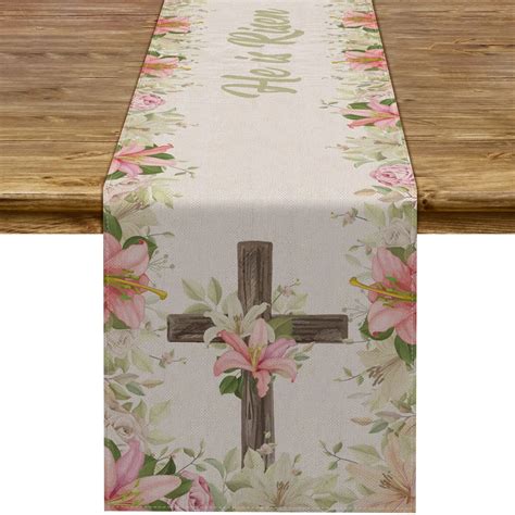 He Is Risen Table Runner Easter Christian Cross Lily Flowers