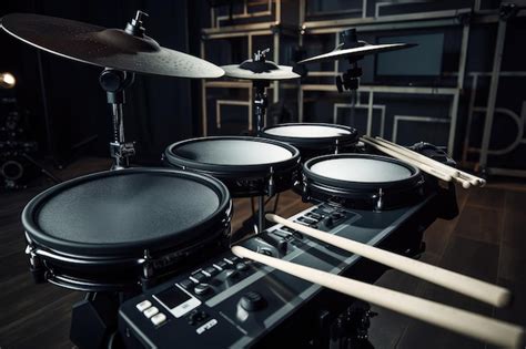 Premium AI Image | Electronic drum setup with sticks and drums ready to ...