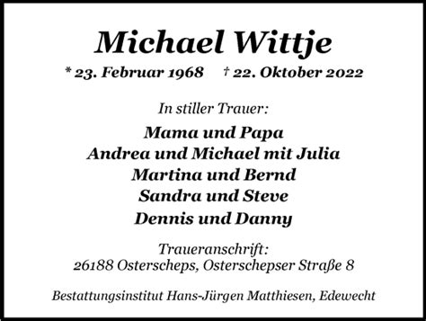 Traueranzeigen Von Michael Wittje Nordwest Trauer De