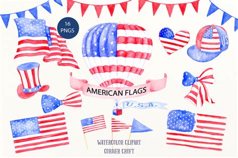 Watercolor American Flags Illustrations Creative Market