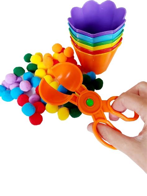 Kit Tesoura Pompons E Potes Coloridos Brinquedo Educativo Para