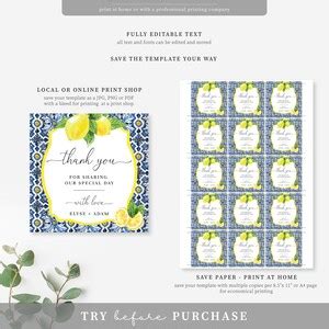 Positano Blue Tile Lemon Thank You Favor Tag Italian Lemon Bridal