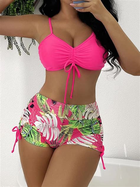 Shein Swim Summer Beach Tropical Print Bikini Set Drawstring Cami Bra