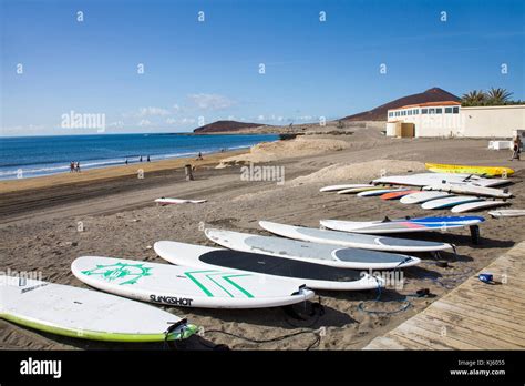 Surf Boards At The Beach Of El Medano A Popular Surfer Destination On