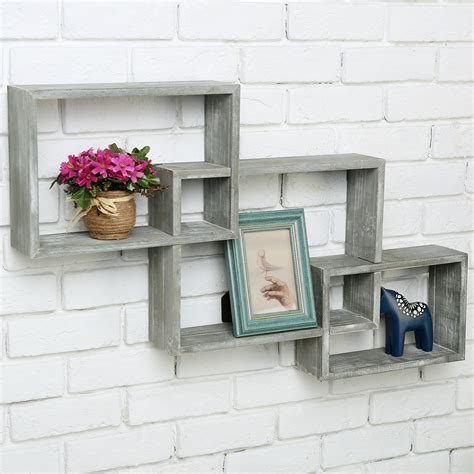 MyGift Wall Mounted Weathered Gray Wood Interlocking Floating Shelves ...