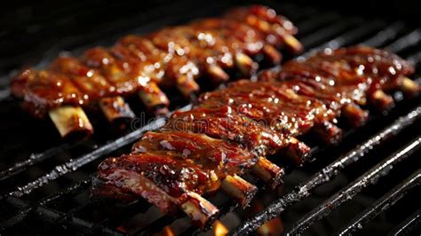 Charcoal Grilled Barbecue Spare Ribs Cooked Outdoors In Summer Stock