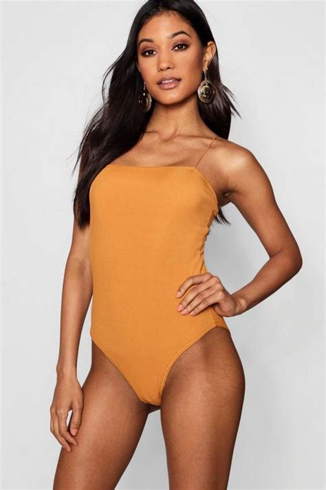 Basic Rib Skinny Strap Square Neck Bodysuit Boohoo