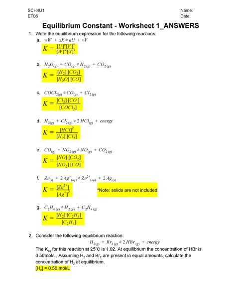 Equilibrium Constant Worksheet Answers Sch U Name Et