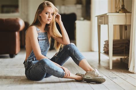 Wallpaper Women Blonde Sitting Overalls Sneakers Portrait No