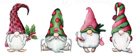 Set Of Watercolor Christmas Gnomes In Cartoon Style Illustration For A