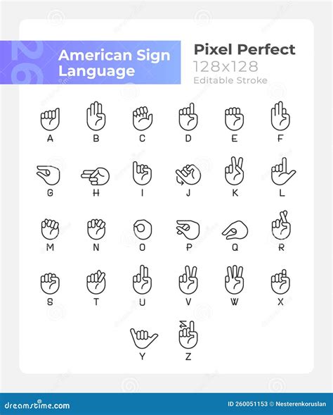 Letters In American Sign Language Pixel Perfect Linear Icons Set Stock