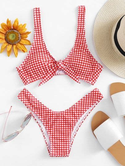 Gingham Knot Front Top With High Leg Bikini Set 2019 This Summers