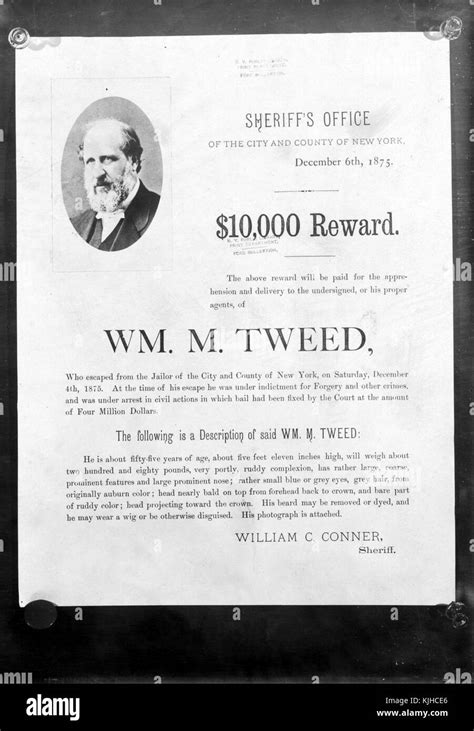 A wanted poster for William M Tweed after he escaped from jail the ...