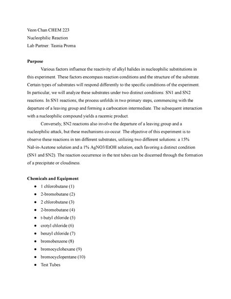 Nucleophilic Reaction Lab Report Veon Chan CHEM 223 Nucleophilic