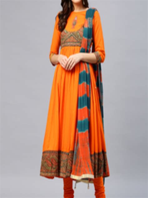 Buy Rain And Rainbow Women Orange Yoke Design Kurta With Churidar