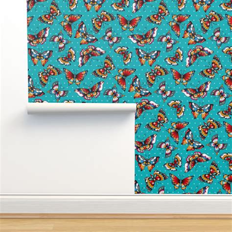 Vintage Tattoo Butterflies Aqua Blue Wallpaper Spoonflower