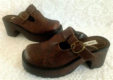 Vintage Steve Madden Wood Platform Chunky Heel Clogs Brown Leather