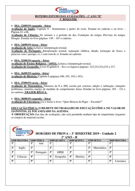 Roteiros de estudos e horários das avaliações 1º ao 5º Fundamental