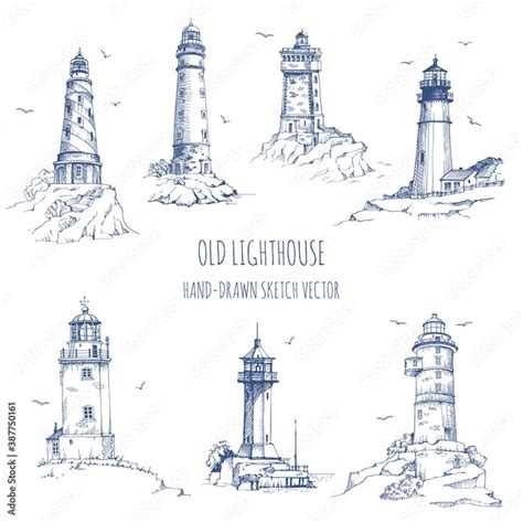 Hand Drawn Lighthouses In Blue Ink