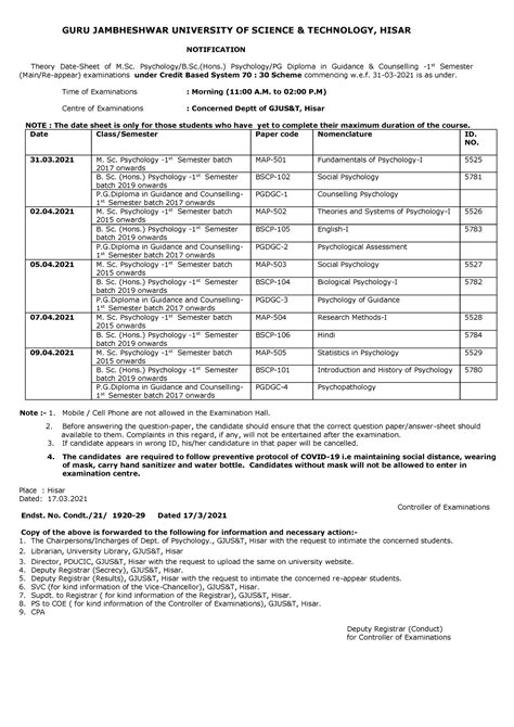 Date Sheet Of M Sc Psychology B Sc Hons Psychology Pg Diploma In Guidance And Counselling 1st