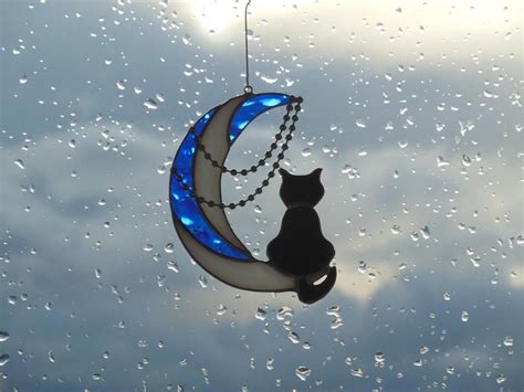 Black Cat On The Moon With Chains Art Stained Glass Window Etsy Stained Glass Patterns