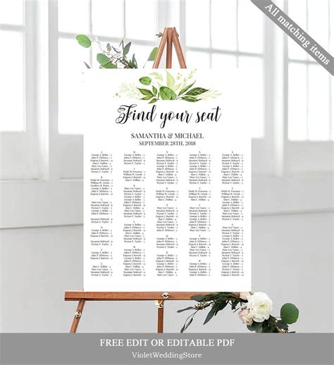 Alphabetical Wedding Seating Chart Template Printable Greenery Seating