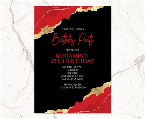 Editable Red Gold And Black Birthday Invitations Any Etsy