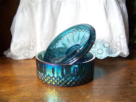 Vintage Blue Carnival Glass Candy Dish Indiana Glass Company