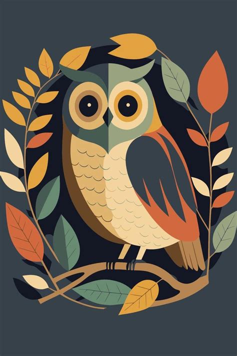 Owl Cartoon Flat Color Vector Poster Abstract Owl Wall Art Print