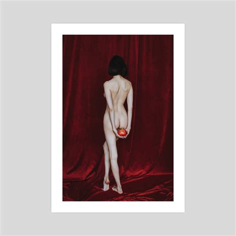 Photo Of A Naked Girl With A Pomegranate On A Red Background An Art