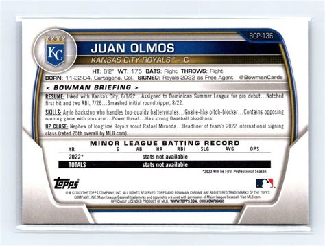 Bowman Juan Olmos Bcp Chrome Prospects Kansas City Royals Ebay