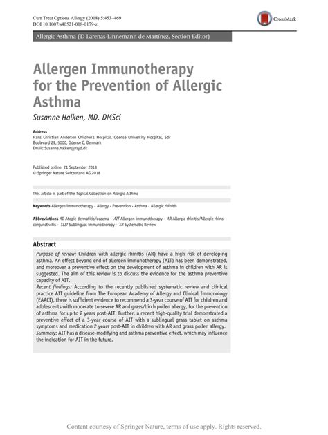 Allergen Immunotherapy For The Prevention Of Allergic Asthma