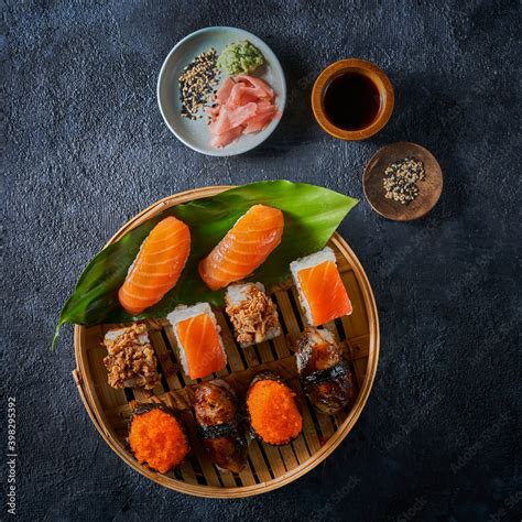 The Flat Lay Of The Japanese Food Assortment Sushi Nigiri Tempura