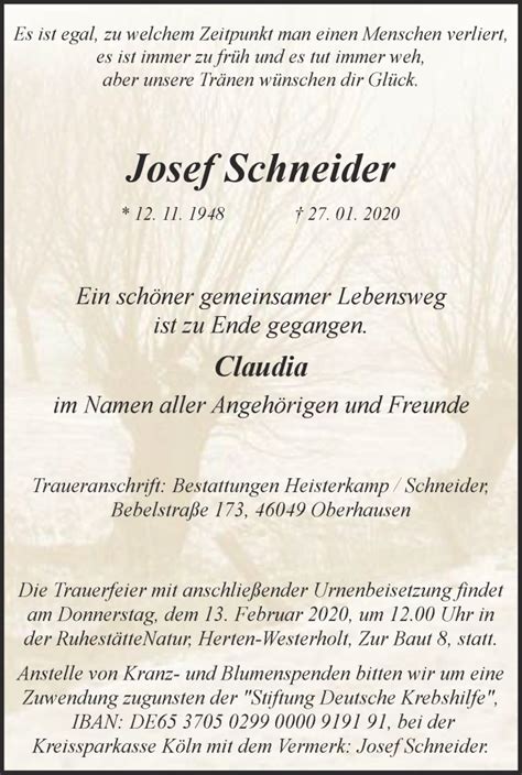 Traueranzeigen Von Josef Schneider Trauer In Nrw De