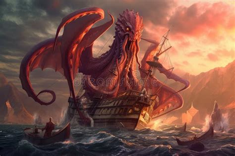 Massive Octopus Kraken Battling Giant Dragon In Epic Fantasy World