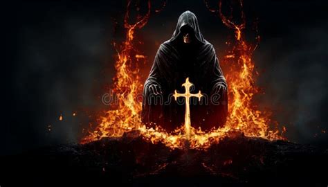 fiery demon holding  cross  flames stock photo image  intense